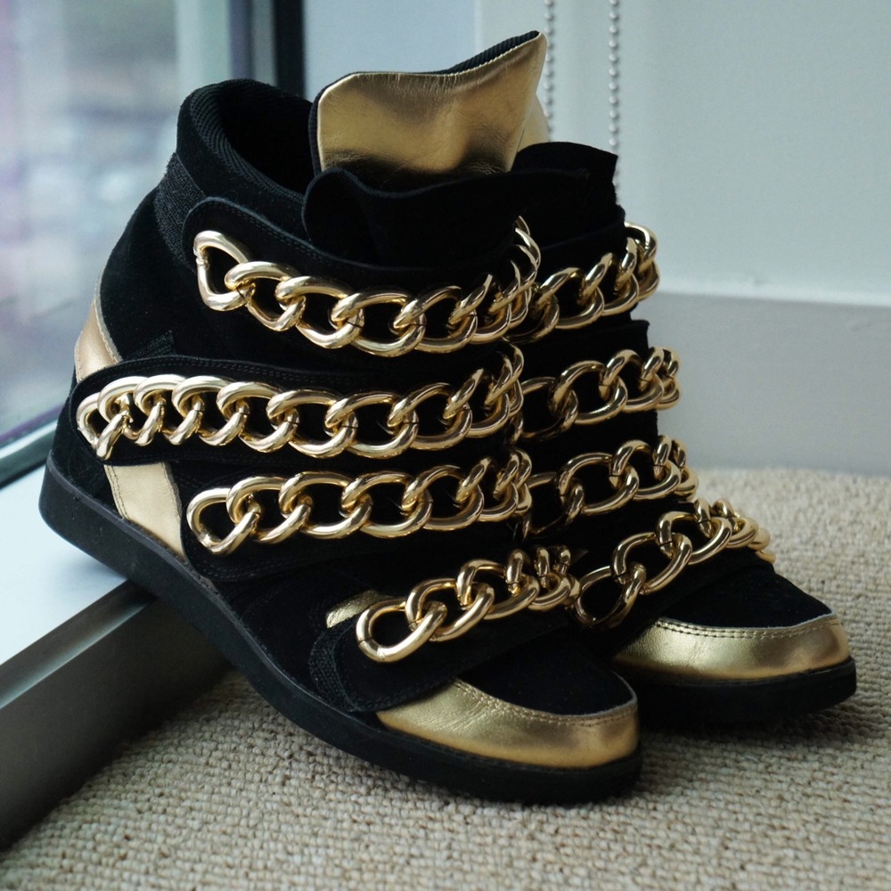 JEFFREY CAMPBELL Gold Chain Black Suede Sneakers